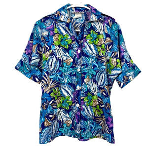 Vintage 80s 90s Cabrais Tropical Hawaiian Floral Button Up Camp Shirt Womens 4